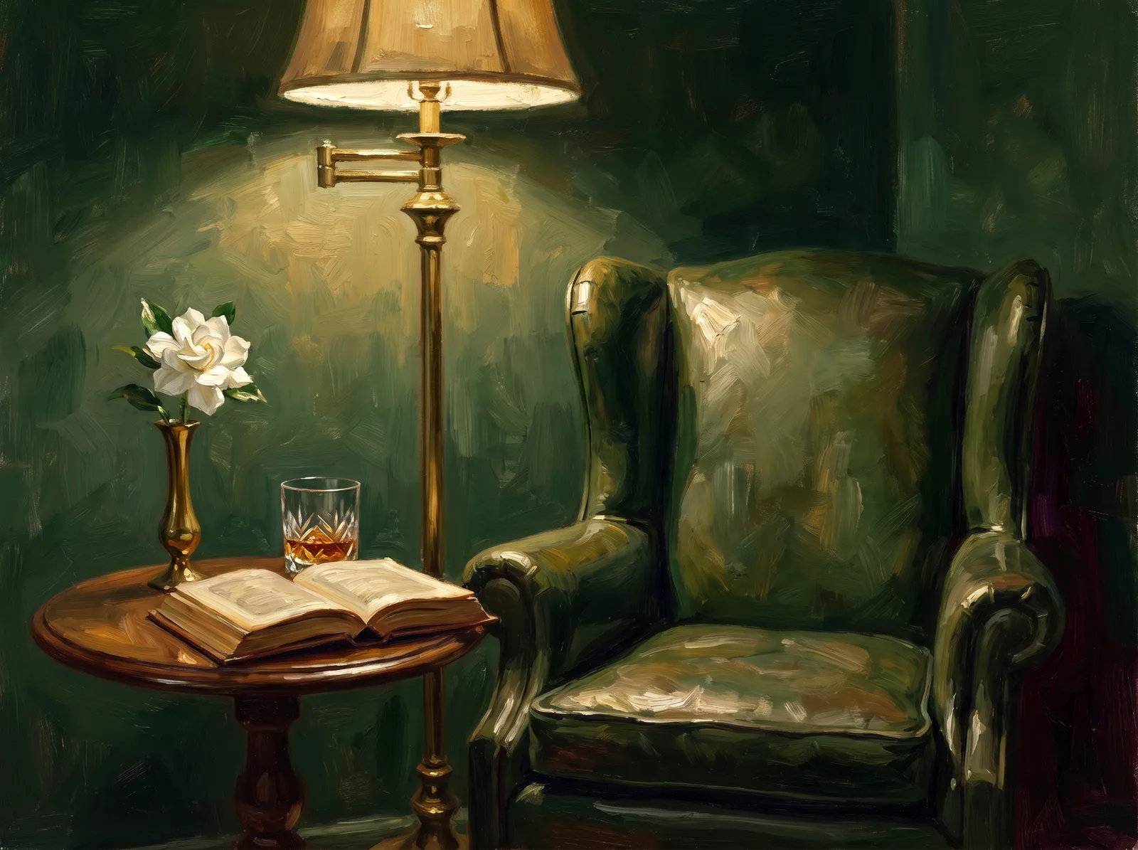 Painterly wingback chair reading nook